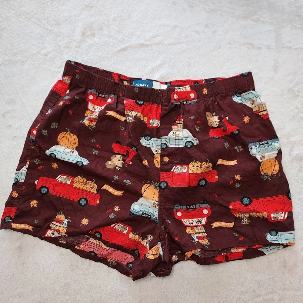 Old Navy Mens Large Maroon Fall Harvest Pumpkin Red Truck Pajama Boxer Shorts L